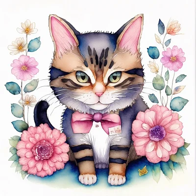 卡通风格花丛中的可爱猫咪