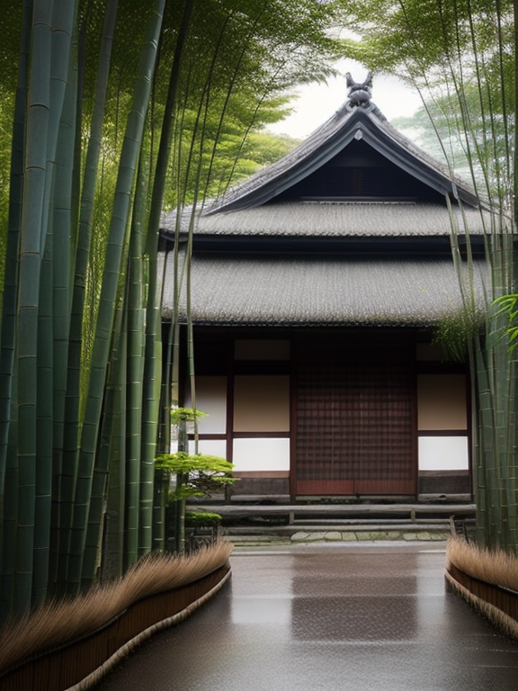 京都传统町家雨中竹林景观