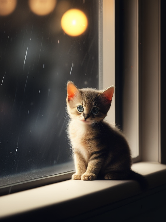 雨夜窗台小猫咪梦幻忧郁画