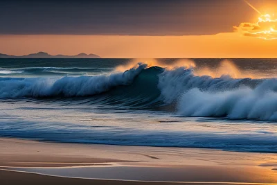 黄昏海滩海浪写实摄影