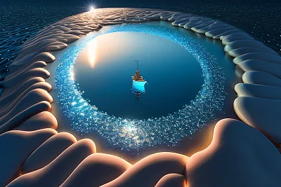 荧光海滩上的发光石头与星空
