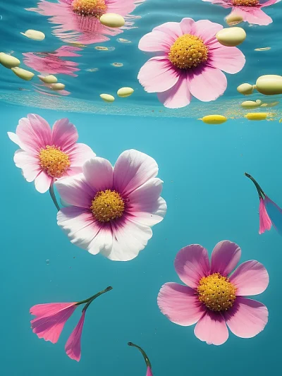 清澈水域中的落花美景
