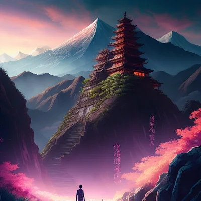 男子仰望日本山城废墟水彩画