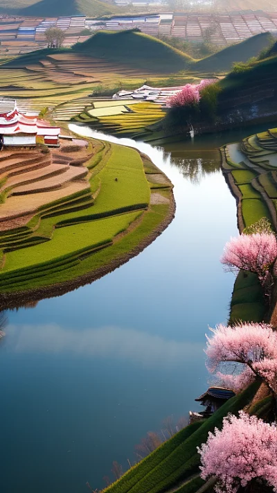 梯田环绕的广西风格建筑与桃花盛开的湖心岛