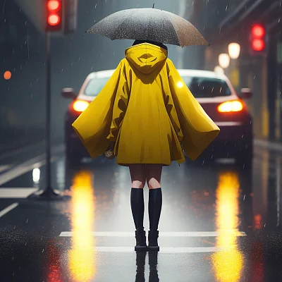 动漫风格黄色雨衣女街道
