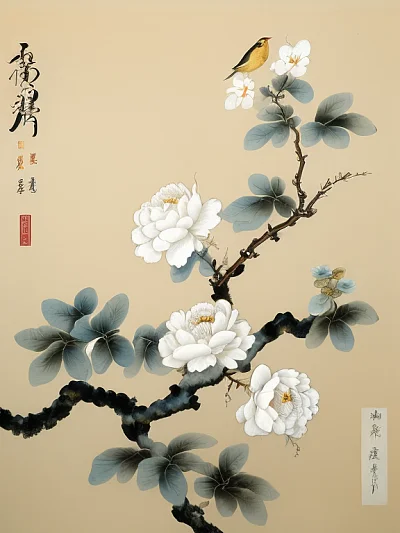 传统水墨画中的白色山茶花与黄色鸣禽