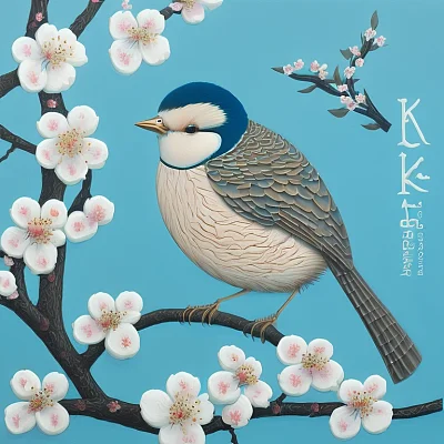 卡通风格樱花树上的新鸟儿童插图