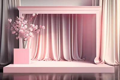 淡粉色讲台3D渲染带樱花花束广告背景