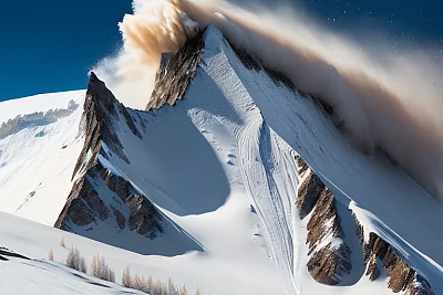 壮观雪崩山坡滚落