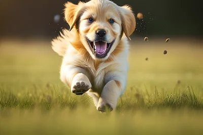 金毛猎犬小狗草地奔跑微笑