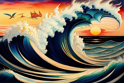超现实3D日落海岸巨浪拍打击打动画