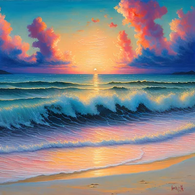 印象派黄昏海滩粉彩画