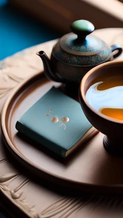 传统工笔画风格茶与书静物
