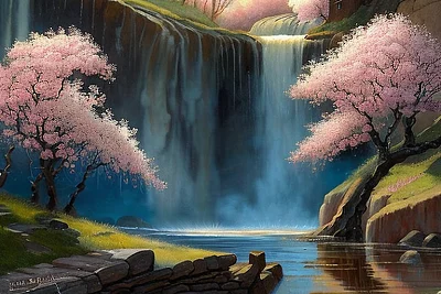 冥想僧侣在瀑布旁的花溪中静坐