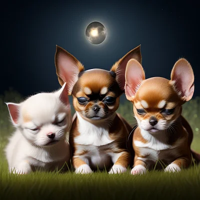 月夜下的小猫与吉娃娃草地睡眠图