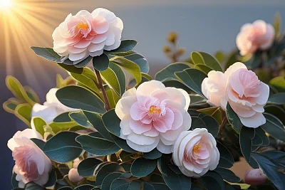 白色粉红色山茶花阳光景观