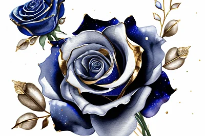 金色和钴蓝水彩星系玫瑰剪贴画