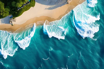 海滩波浪顶视图蓝色水背景