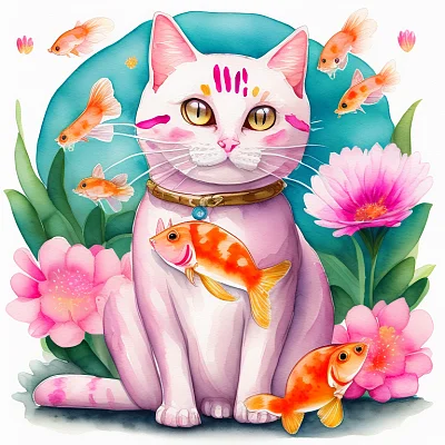 水彩风格卡通猫咪嬉戏图