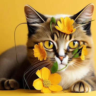 黄色猫咪与花艺主题壁纸