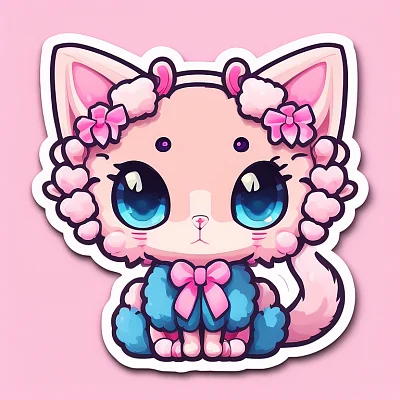 粉色卷发卡通猫贴纸