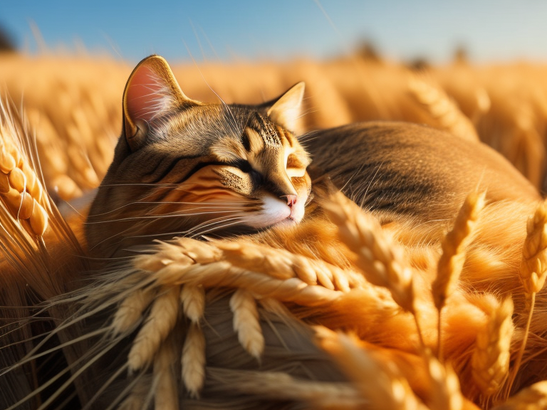 金色麦田中熟睡的猫咪温馨场景