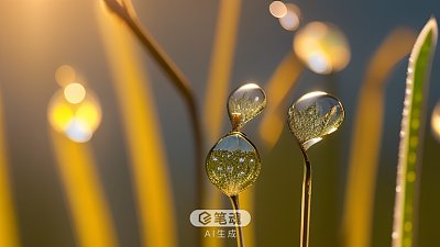 夏日清晨草叶露珠金光闪烁