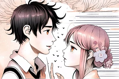 温馨漫画风格角色互动插图