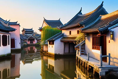 周庄古水镇宁静景色粉彩画风格
