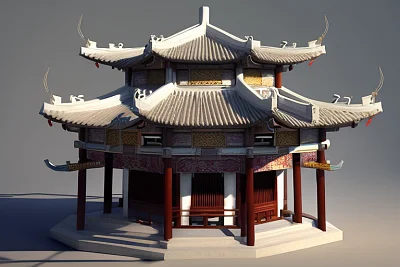 超现实主义古代中国八角亭3D模型