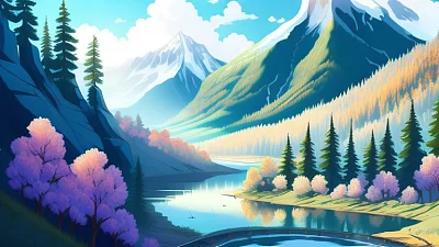 山脉森林公路风景动漫插图