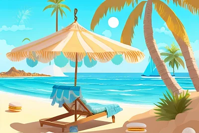 夏日金色沙滩与蔚蓝大海美景
