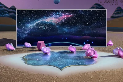 银白色新月星空下的粉色蓝色玫瑰沙滩
