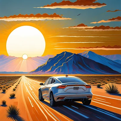 沙漠夕阳下的电动汽车油画