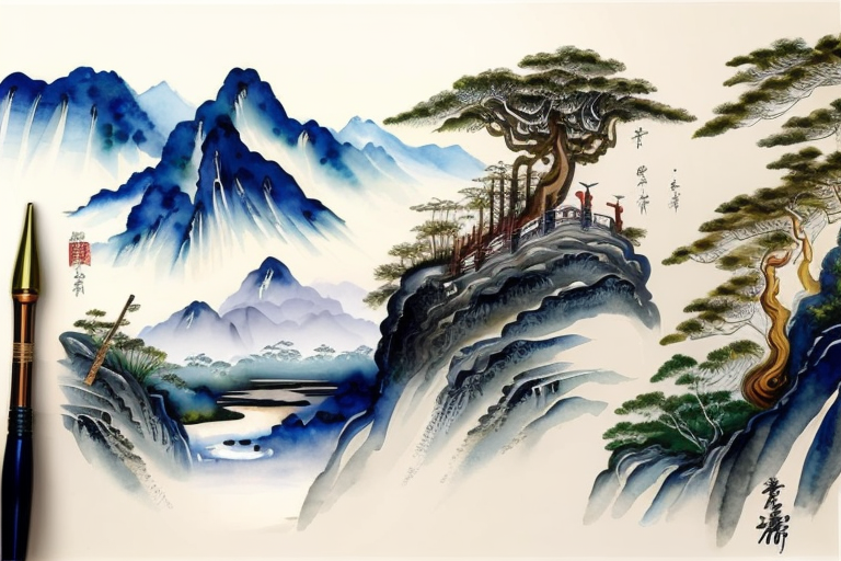 道教老大师悬崖吹笛水彩画