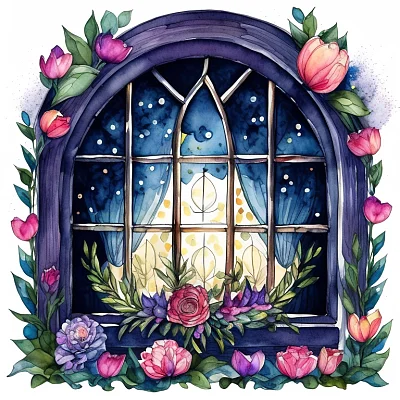 梦幻花卉水彩小屋窗户剪贴画