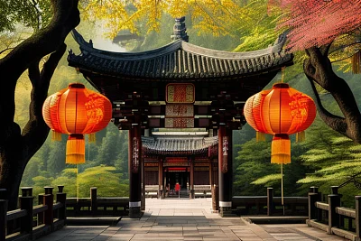 传统中国灯笼装饰寺庙节日摄影