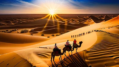 撒哈拉沙漠骆驼骑行夕阳美景