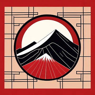 红月富士山几何图案细线正方形三角形