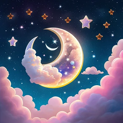 粉色云朵与星星的梦幻上弦月