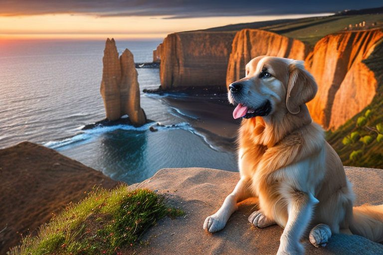 金毛猎犬海边悬崖日落美景