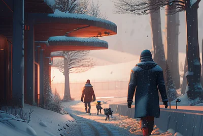 雪中行走的模糊写实绘画