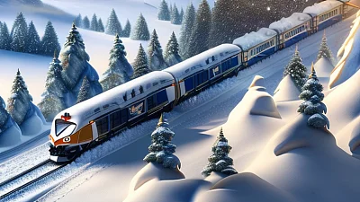 绚丽灯光下的雪景列车鸟瞰图