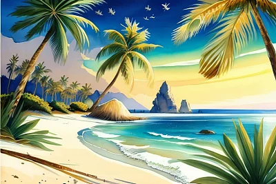 热带海滩水彩画艺术