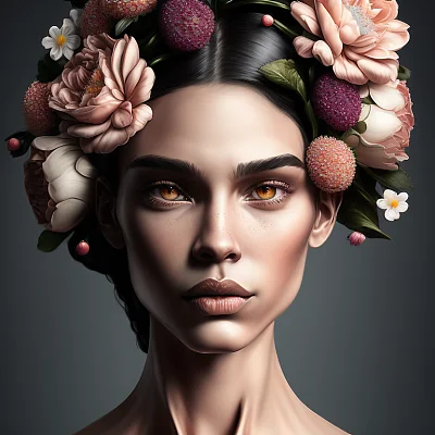 沉思女子与盛开花朵的创意画作