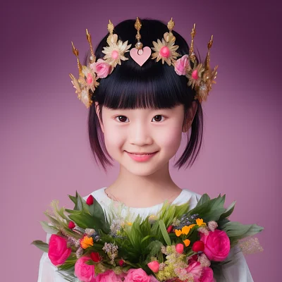 渐变色头发女孩特写带皇冠和心形瞳孔微笑