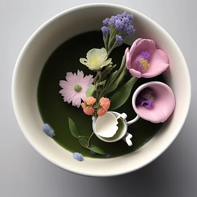 茶杯中长出鲜花的写实摄影