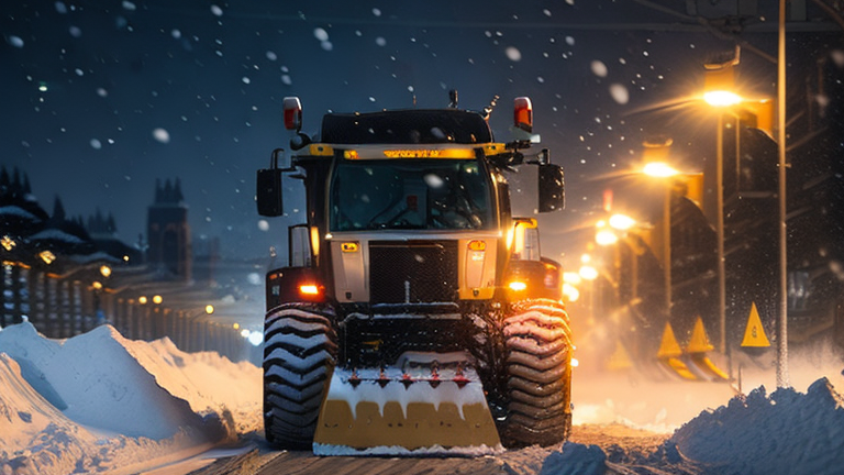 夜间城市扫雪机清理风暴