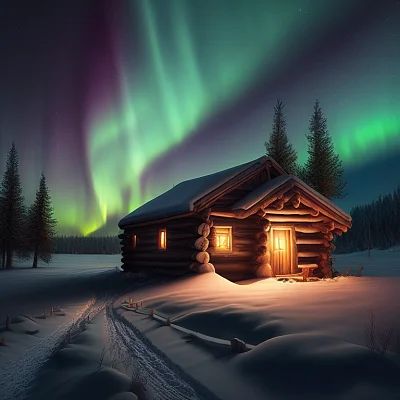 雪原小屋极光夜景哑光绘画