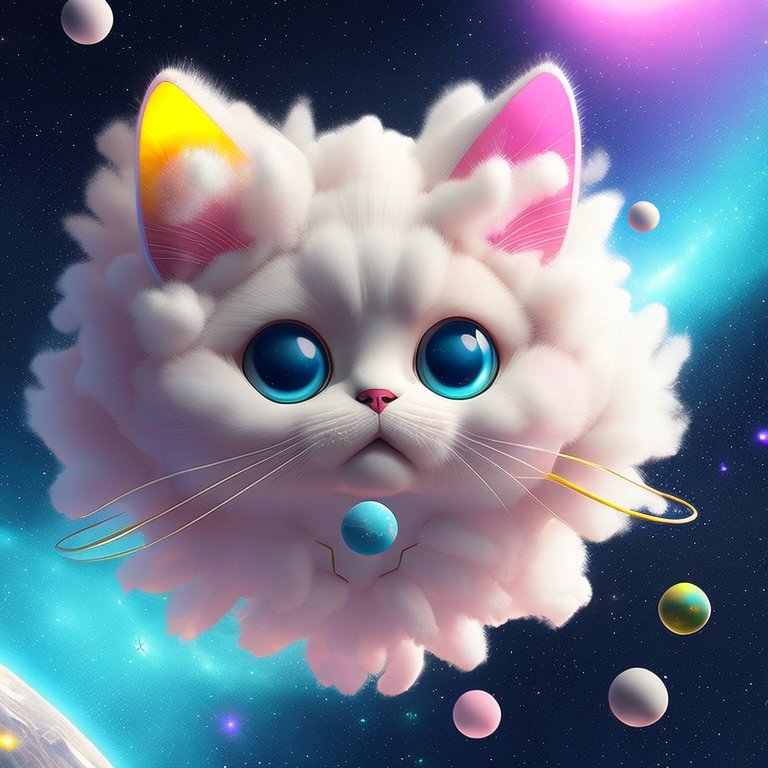 梦幻色彩的3D皮克斯风格太空飞行猫外星人